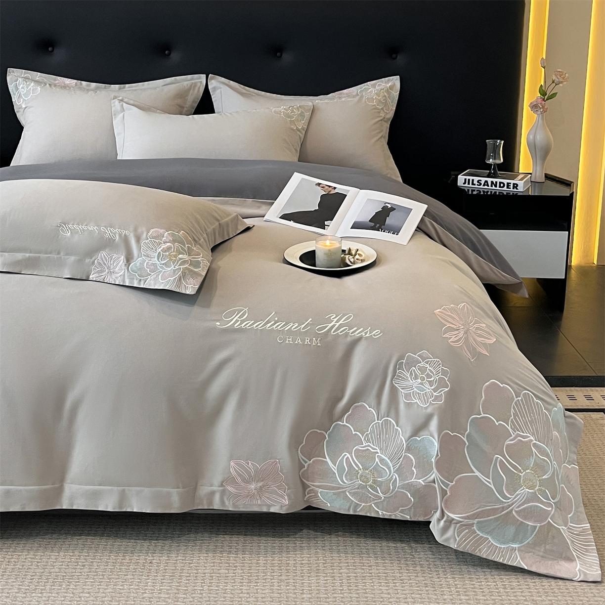 91家纺网 家纺一手货源 找家纺 笙意家纺 2025新款A类全棉磨毛刺绣四件套-秘境系列 秘境-陨石灰+魅影灰