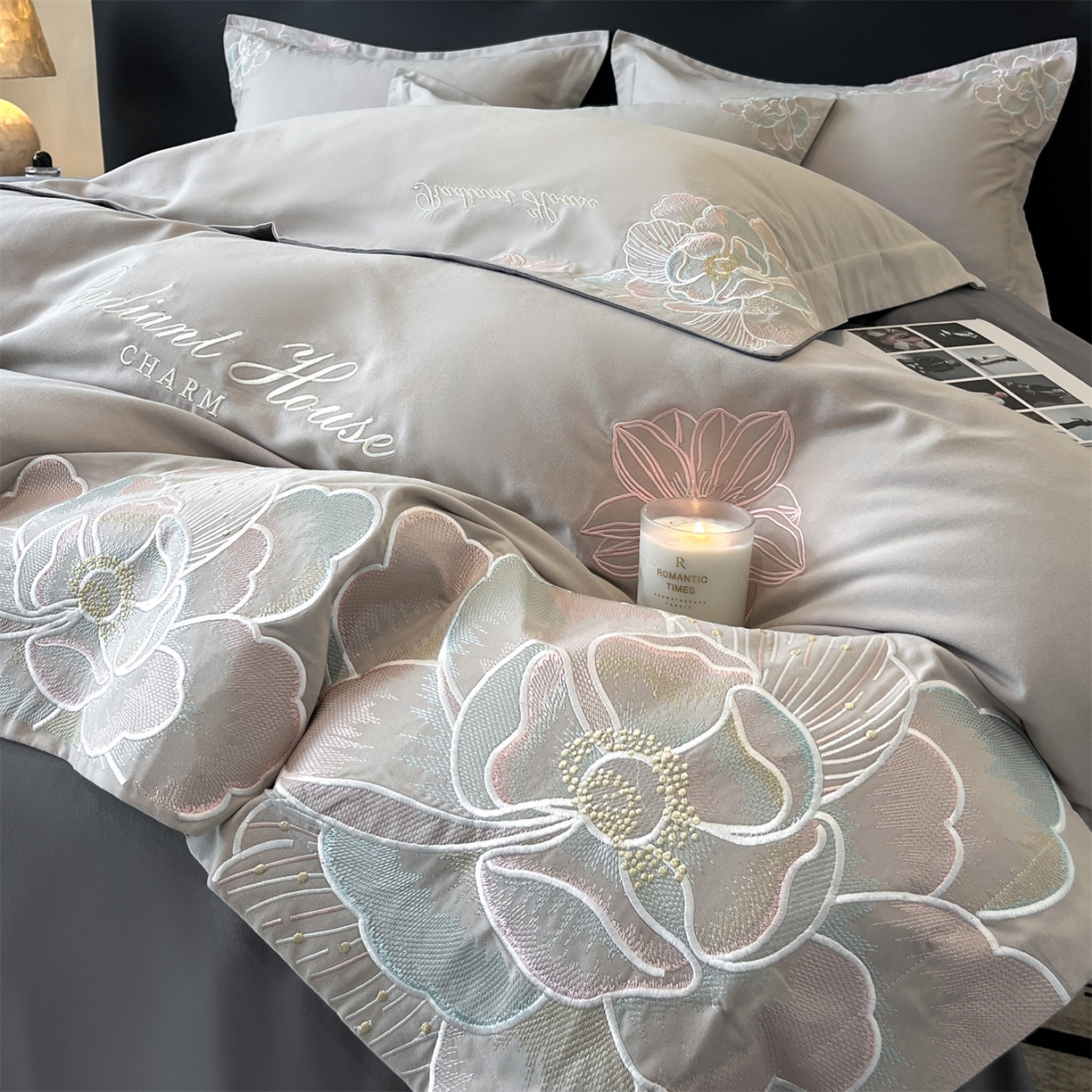 91家纺网 家纺一手货源 找家纺 笙意家纺 2025新款A类全棉磨毛刺绣四件套-秘境系列 秘境-陨石灰+魅影灰