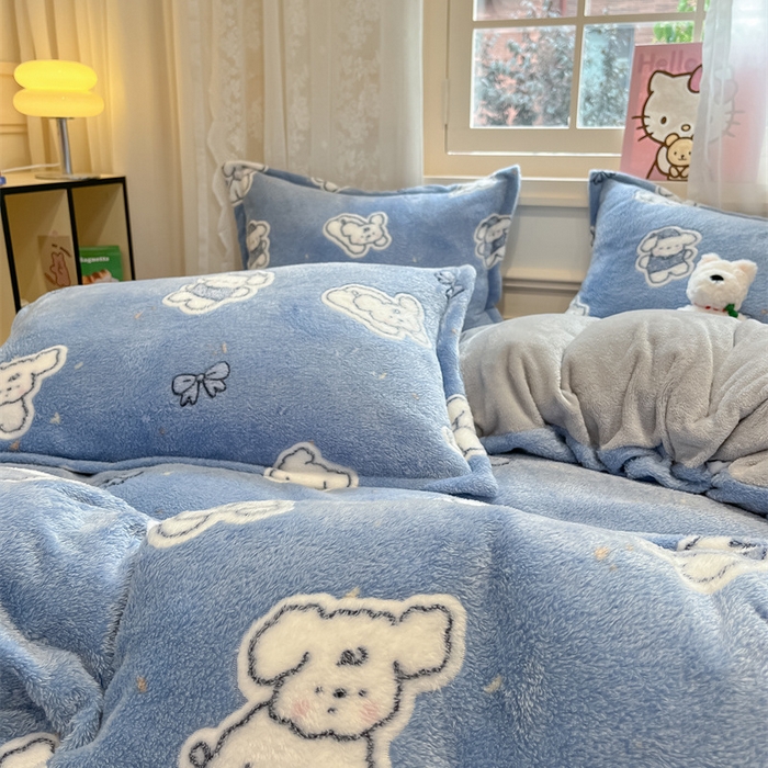 91家纺网 家纺一手货源 找家纺 川悦生活 2025新款立体雪花绒印花大床四件套系列一场景二 小雪狗