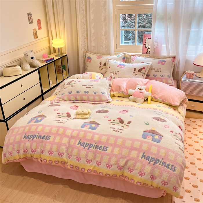 91家纺网 家纺一手货源 找家纺 川悦生活 2025新款立体雪花绒印花大床四件套系列一场景二 小狗物语