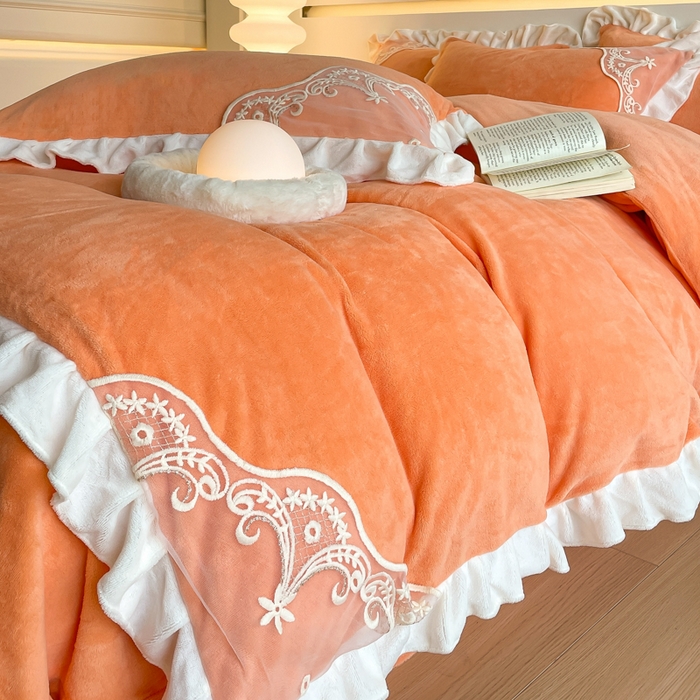 91家纺网 家纺一手货源 找家纺 （总）舒咪欧 2025新款全消光牛奶绒韩版法式公主风纯色绣花边款四件套