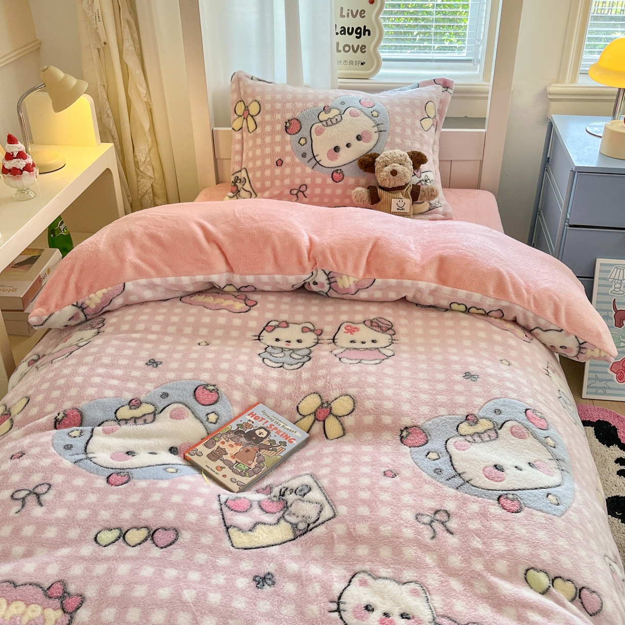 91家纺网 家纺一手货源 找家纺 川悦生活 2025新款立体雪花绒印花四件套学生床系列二场景二 开心小喵