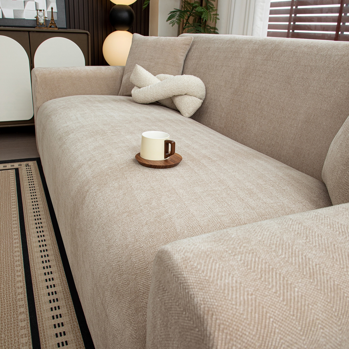 91家纺网 家纺一手货源 找家纺 沐沐家纺 2026新款南笙沙发套 米色