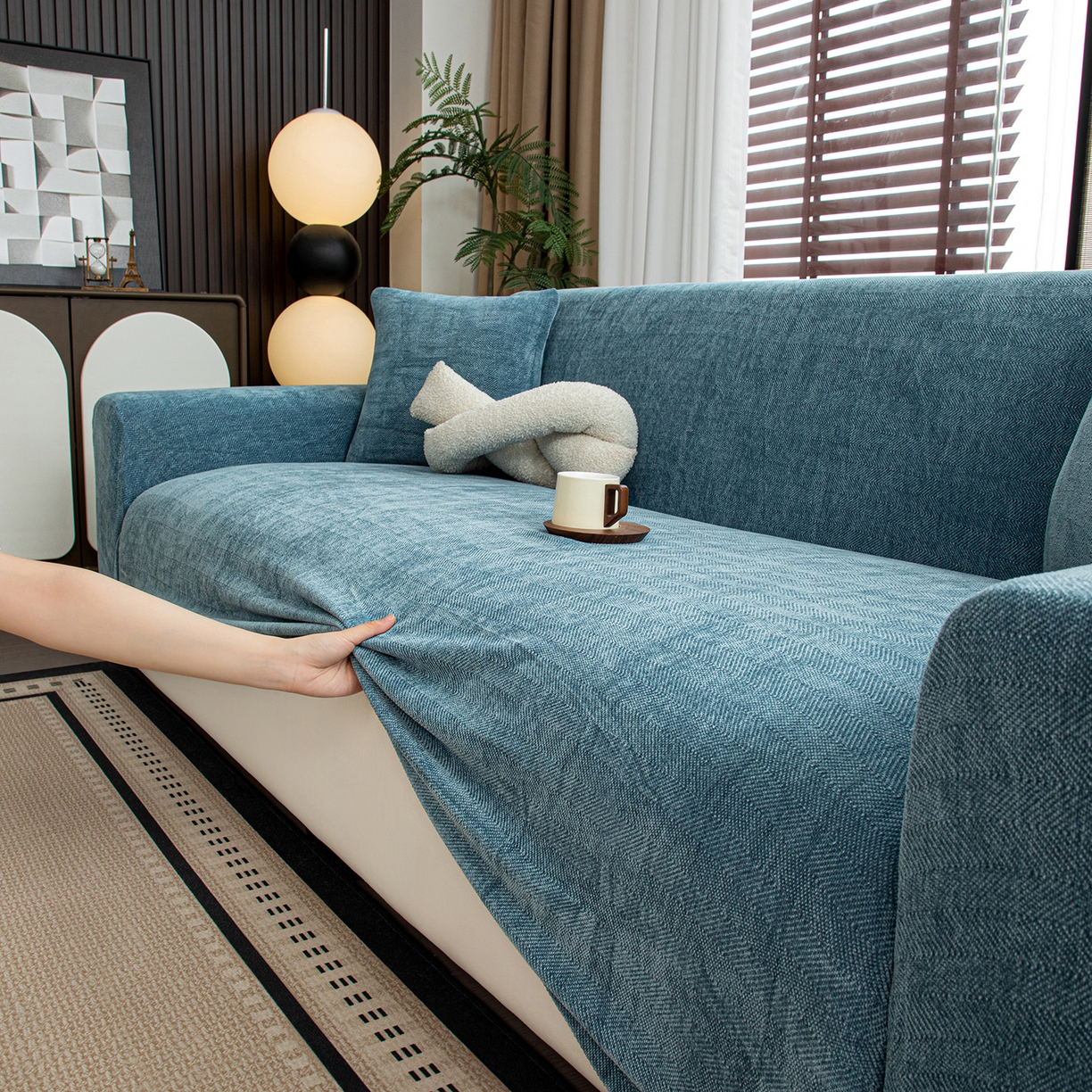 91家纺网 家纺一手货源 找家纺 沐沐家纺 2026新款南笙沙发套 蓝色