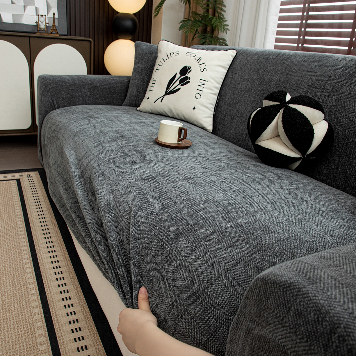 91家纺网 家纺一手货源 找家纺 沐沐家纺 2026新款南笙沙发套 深灰