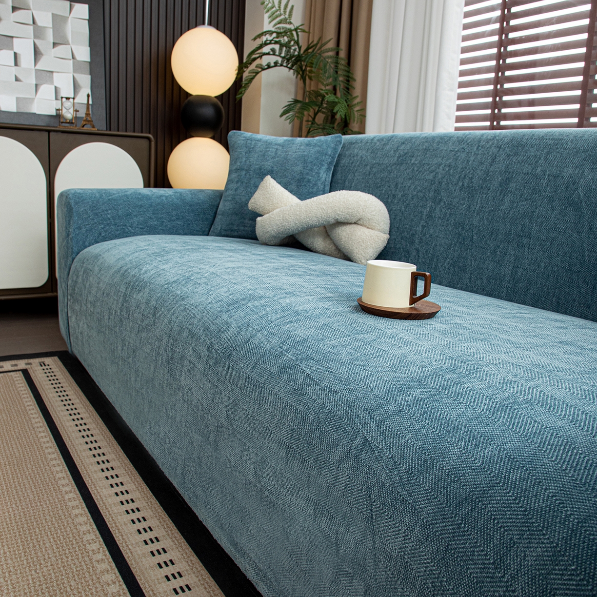91家纺网 家纺一手货源 找家纺 沐沐家纺 2026新款南笙沙发套 蓝色