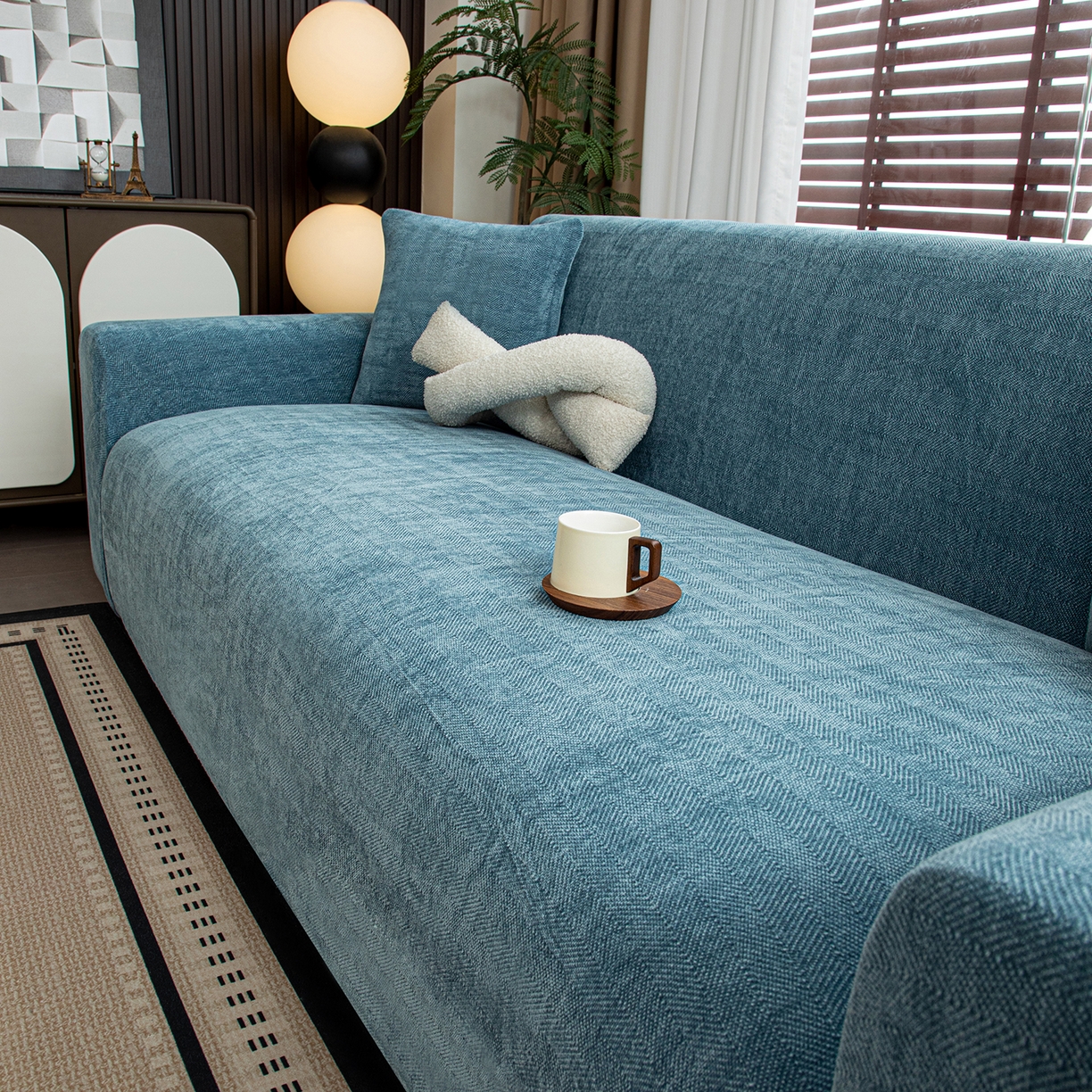 91家纺网 家纺一手货源 找家纺 沐沐家纺 2026新款南笙沙发套 蓝色
