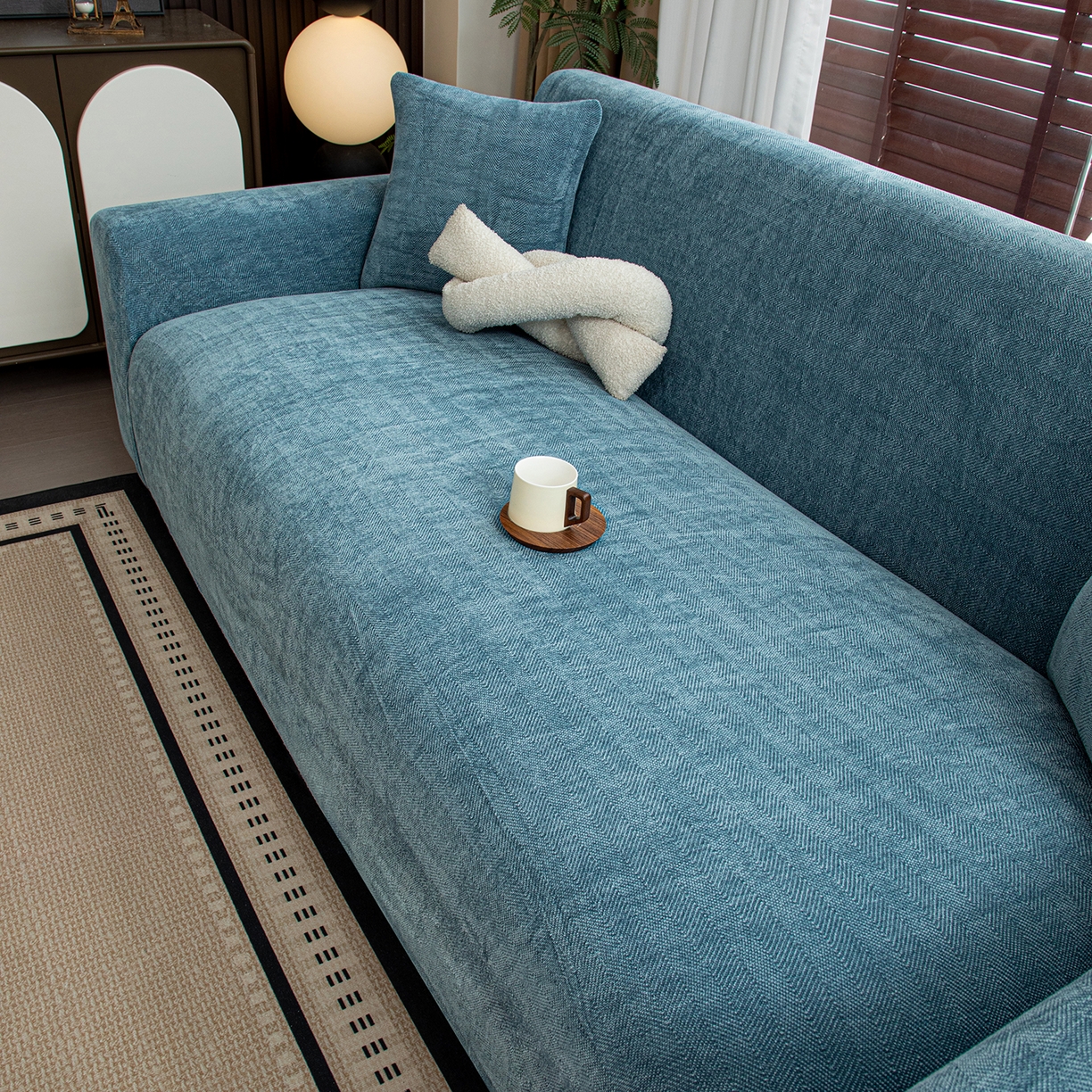 91家纺网 家纺一手货源 找家纺 沐沐家纺 2026新款南笙沙发套 蓝色