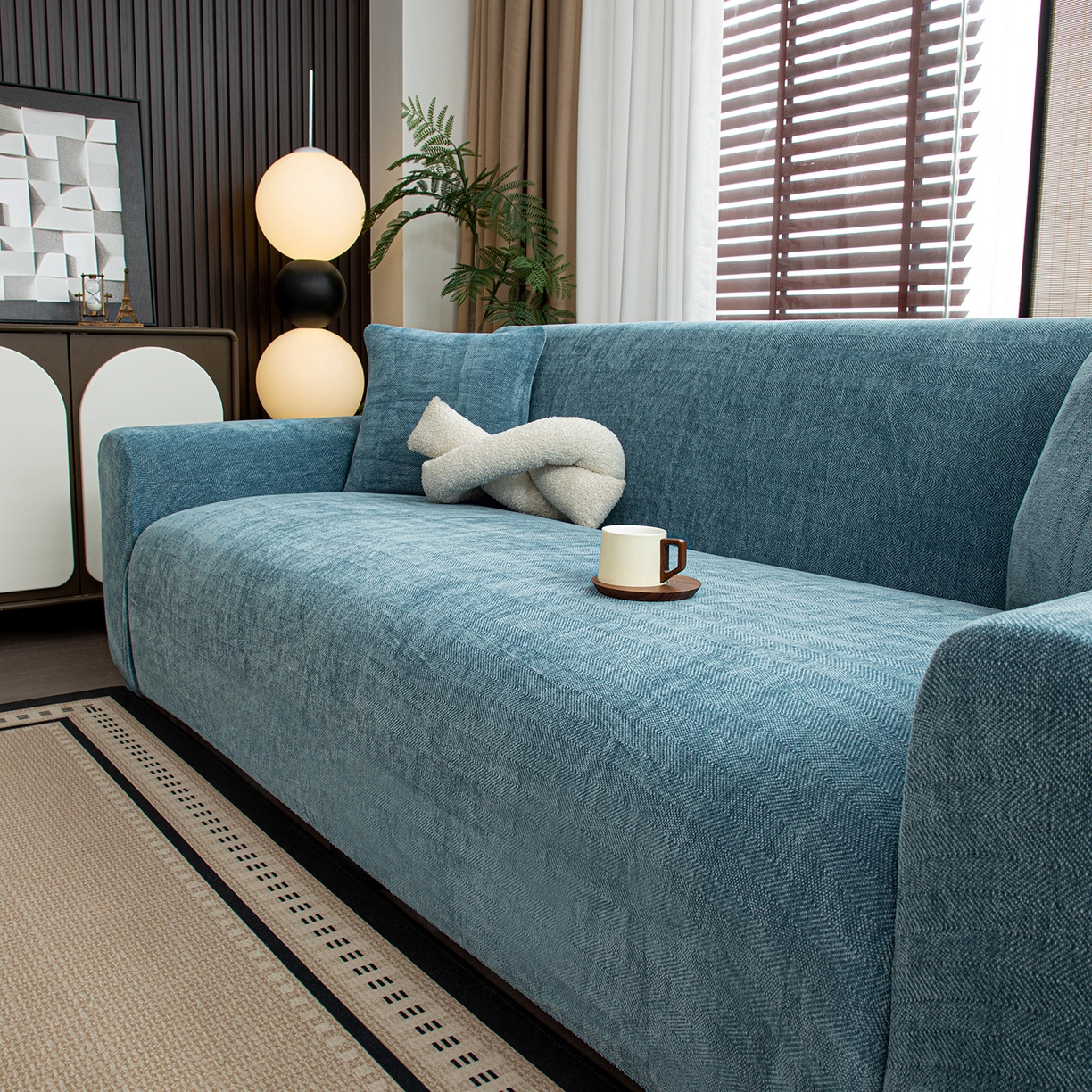 91家纺网 家纺一手货源 找家纺 沐沐家纺 2026新款南笙沙发套 蓝色