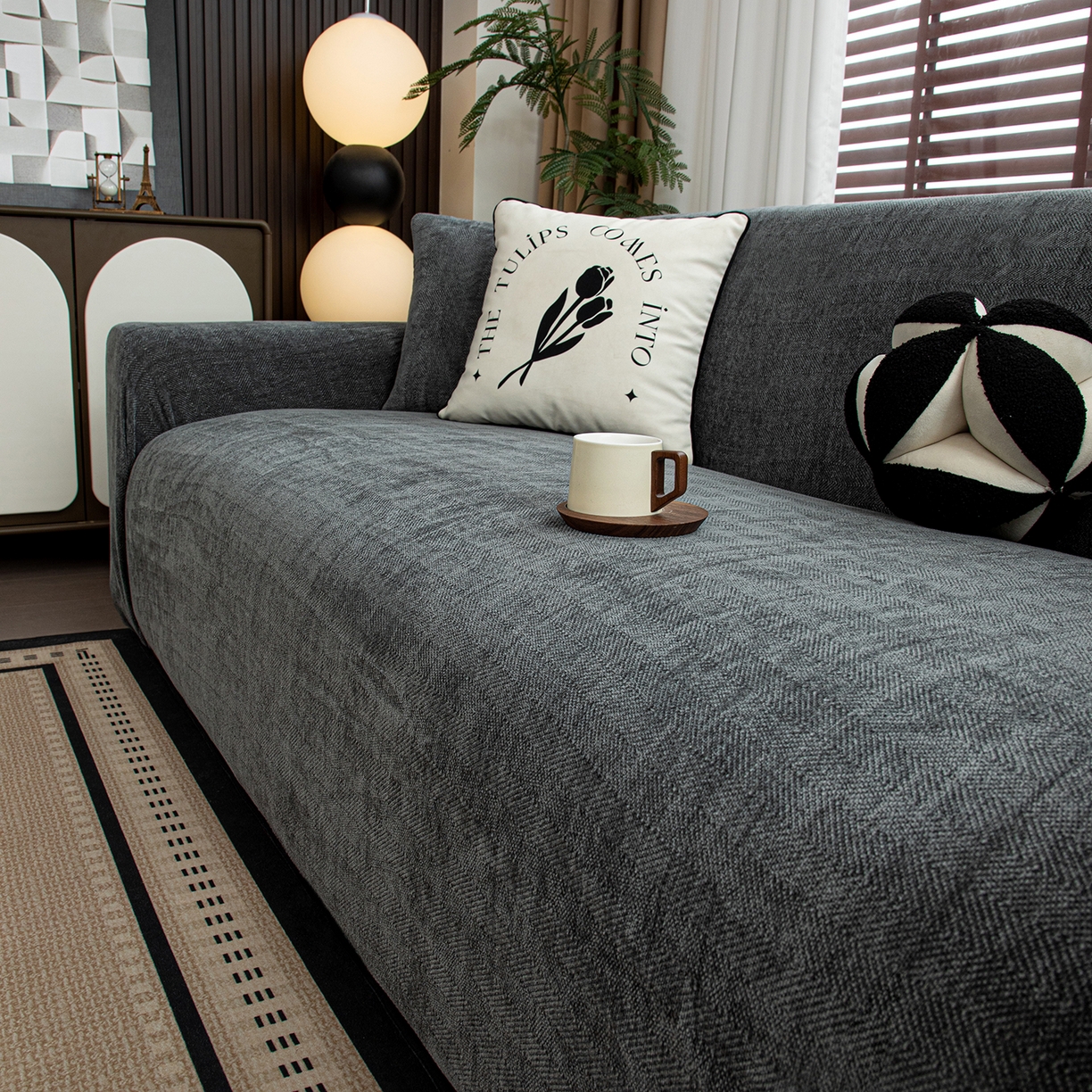 91家纺网 家纺一手货源 找家纺 沐沐家纺 2026新款南笙沙发套 深灰