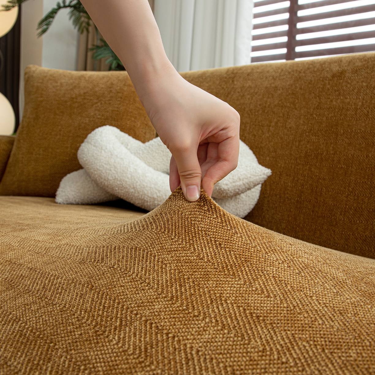 91家纺网 家纺一手货源 找家纺 沐沐家纺 2026新款南笙沙发套 咖色