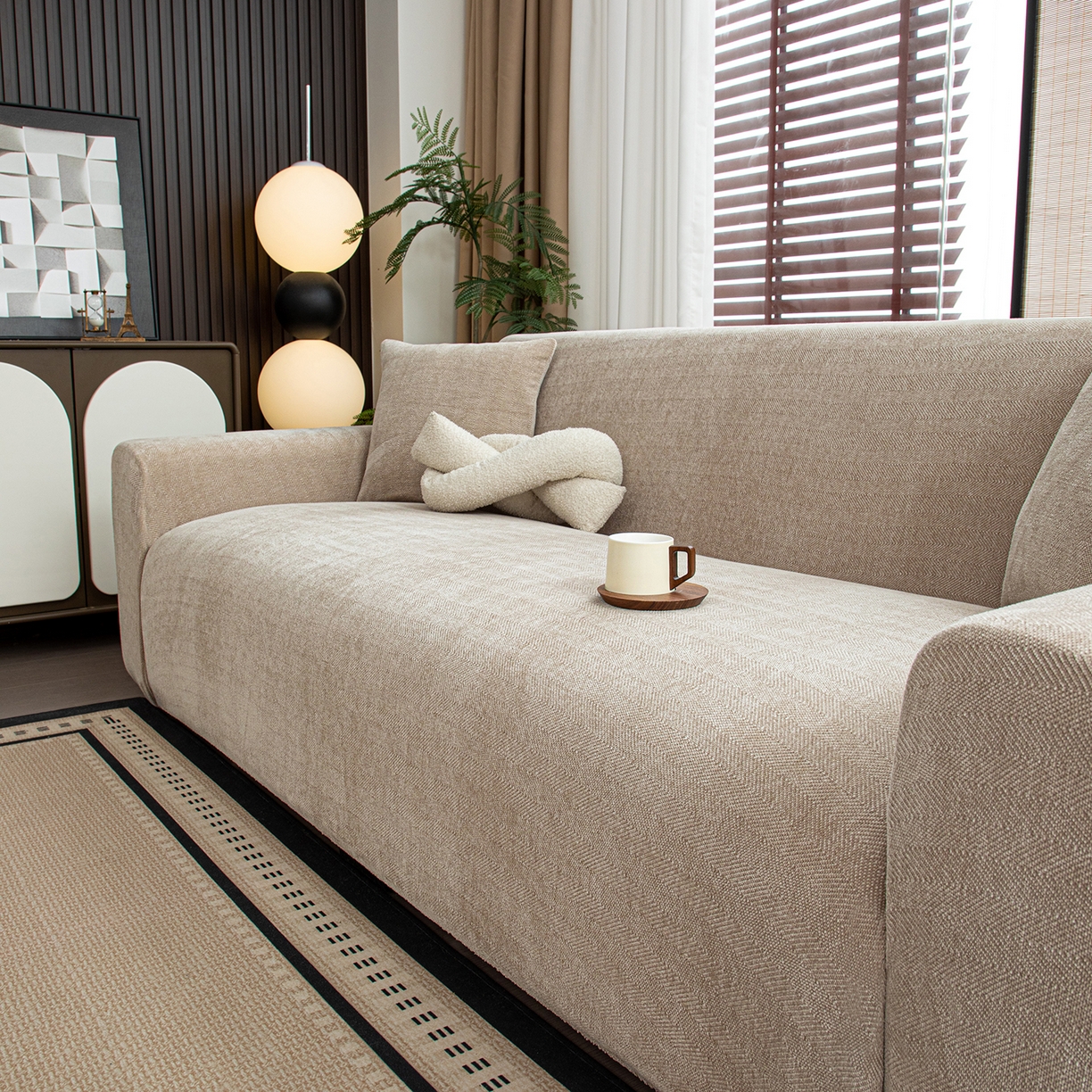 91家纺网 家纺一手货源 找家纺 沐沐家纺 2026新款南笙沙发套 米色