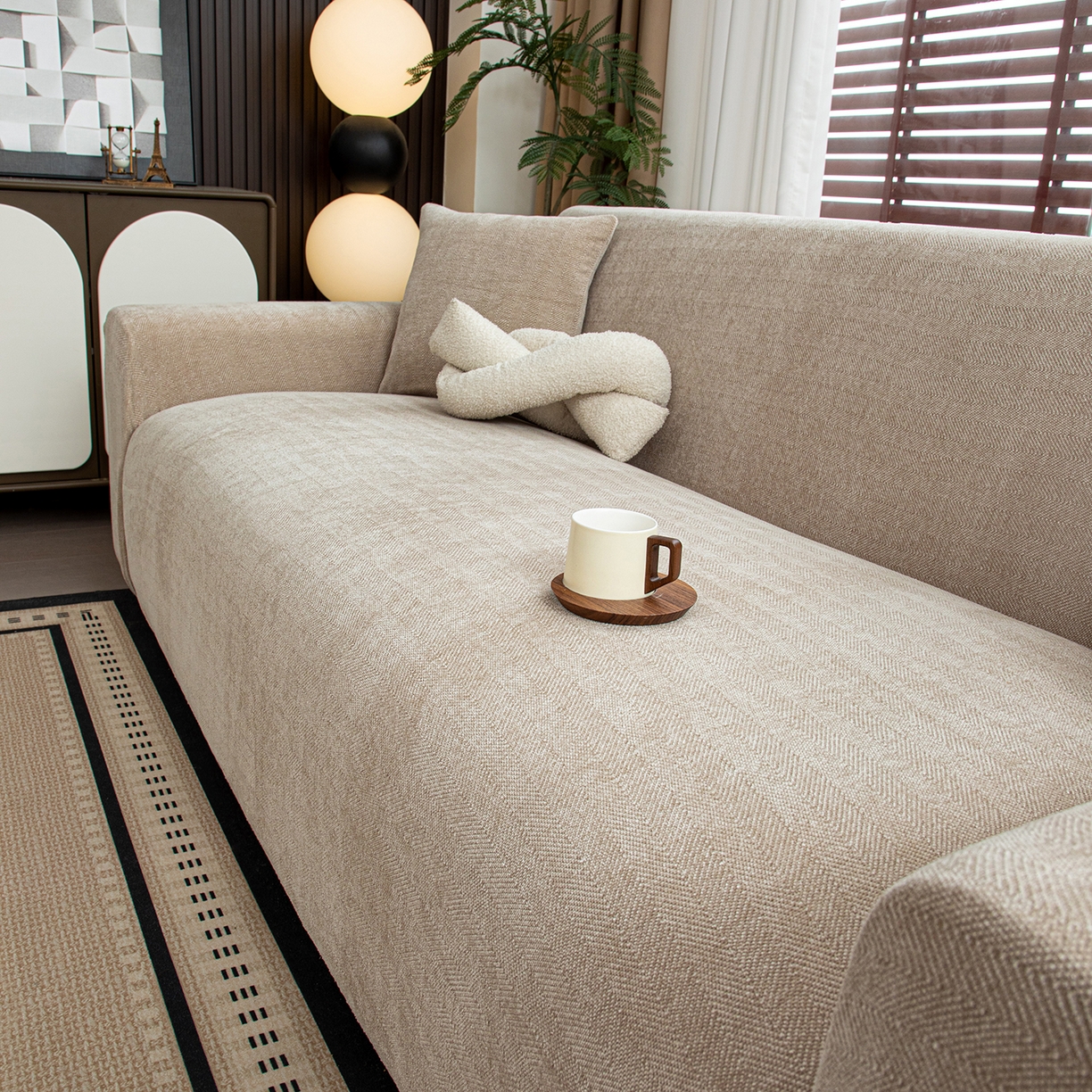 91家纺网 家纺一手货源 找家纺 沐沐家纺 2026新款南笙沙发套 米色