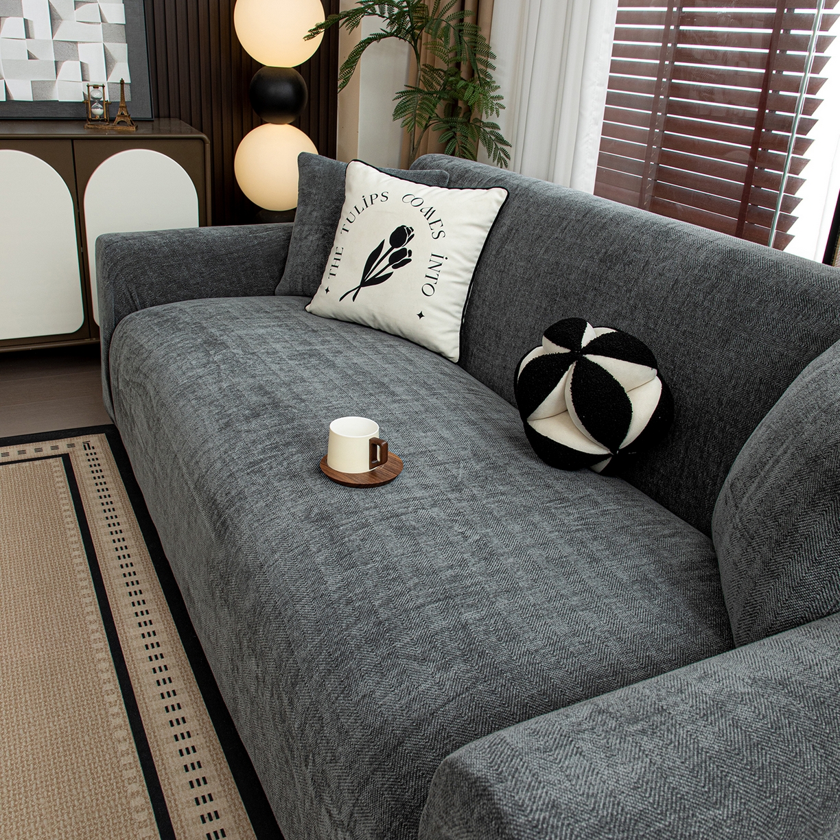 91家纺网 家纺一手货源 找家纺 沐沐家纺 2026新款南笙沙发套 深灰