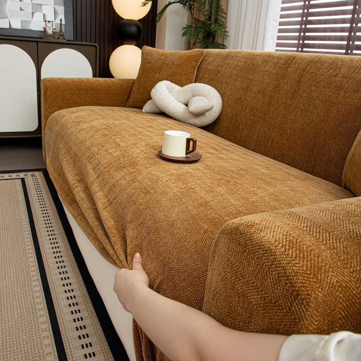 91家纺网 家纺一手货源 找家纺 沐沐家纺 2026新款南笙沙发套 咖色