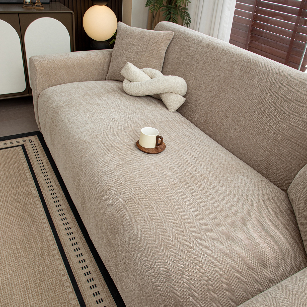 91家纺网 家纺一手货源 找家纺 沐沐家纺 2026新款南笙沙发套 米色