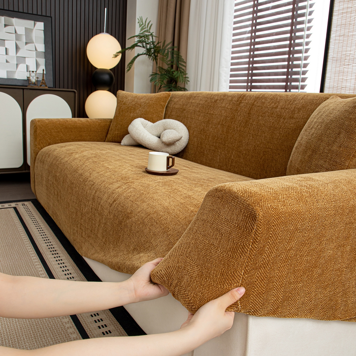 91家纺网 家纺一手货源 找家纺 沐沐家纺 2026新款南笙沙发套 咖色