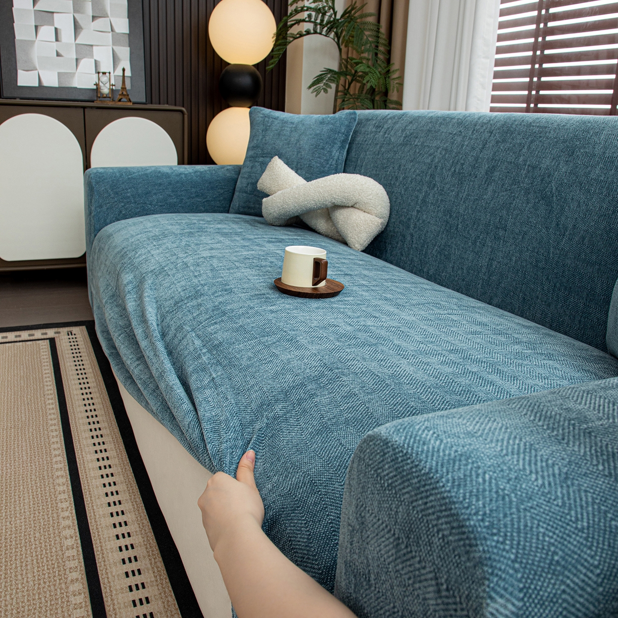 91家纺网 家纺一手货源 找家纺 沐沐家纺 2026新款南笙沙发套 蓝色