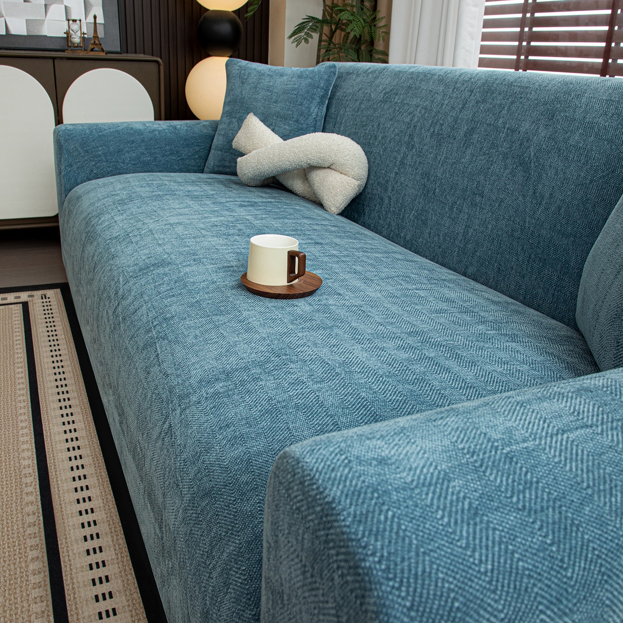 91家纺网 家纺一手货源 找家纺 沐沐家纺 2026新款南笙沙发套 蓝色