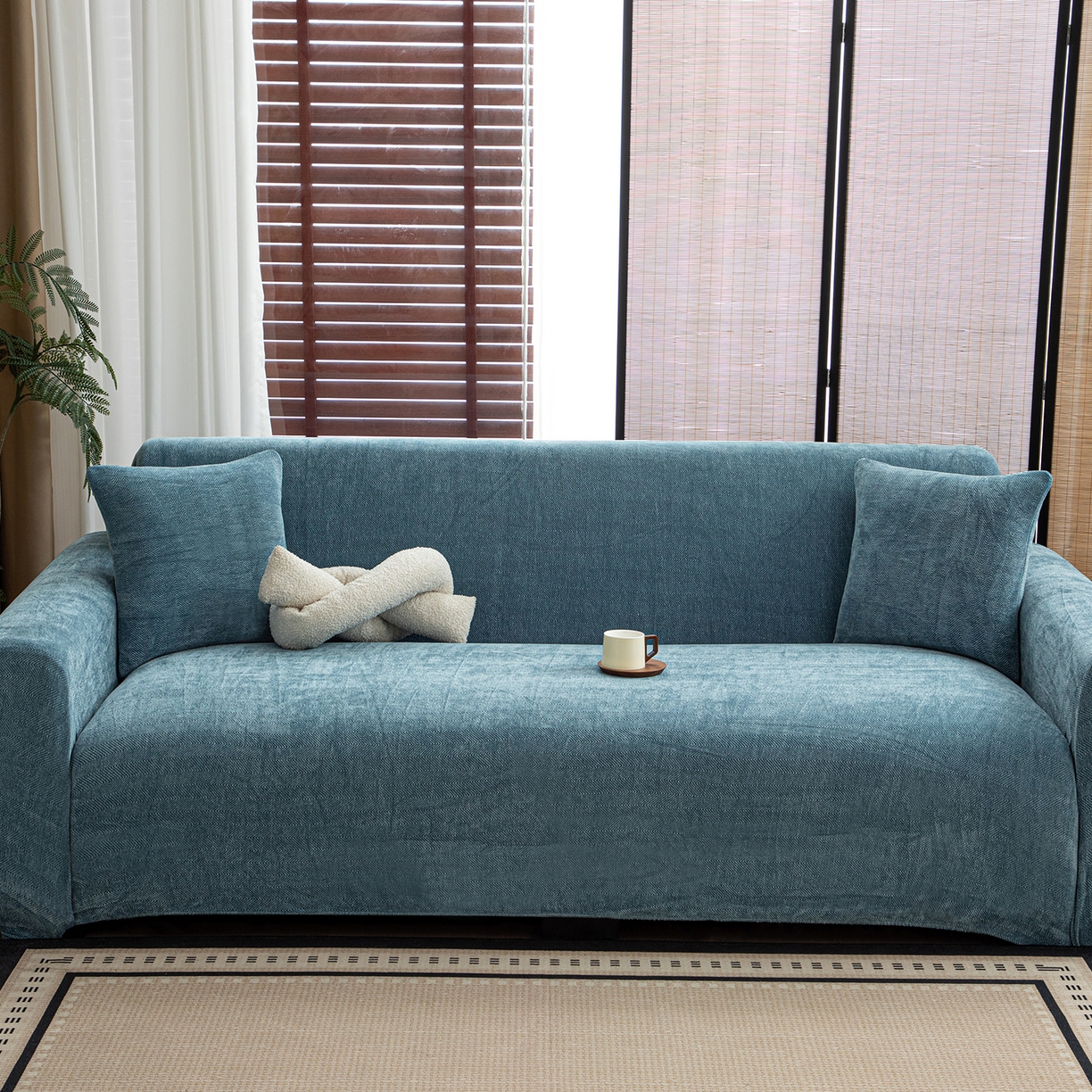 91家纺网 家纺一手货源 找家纺 沐沐家纺 2026新款南笙沙发套 蓝色