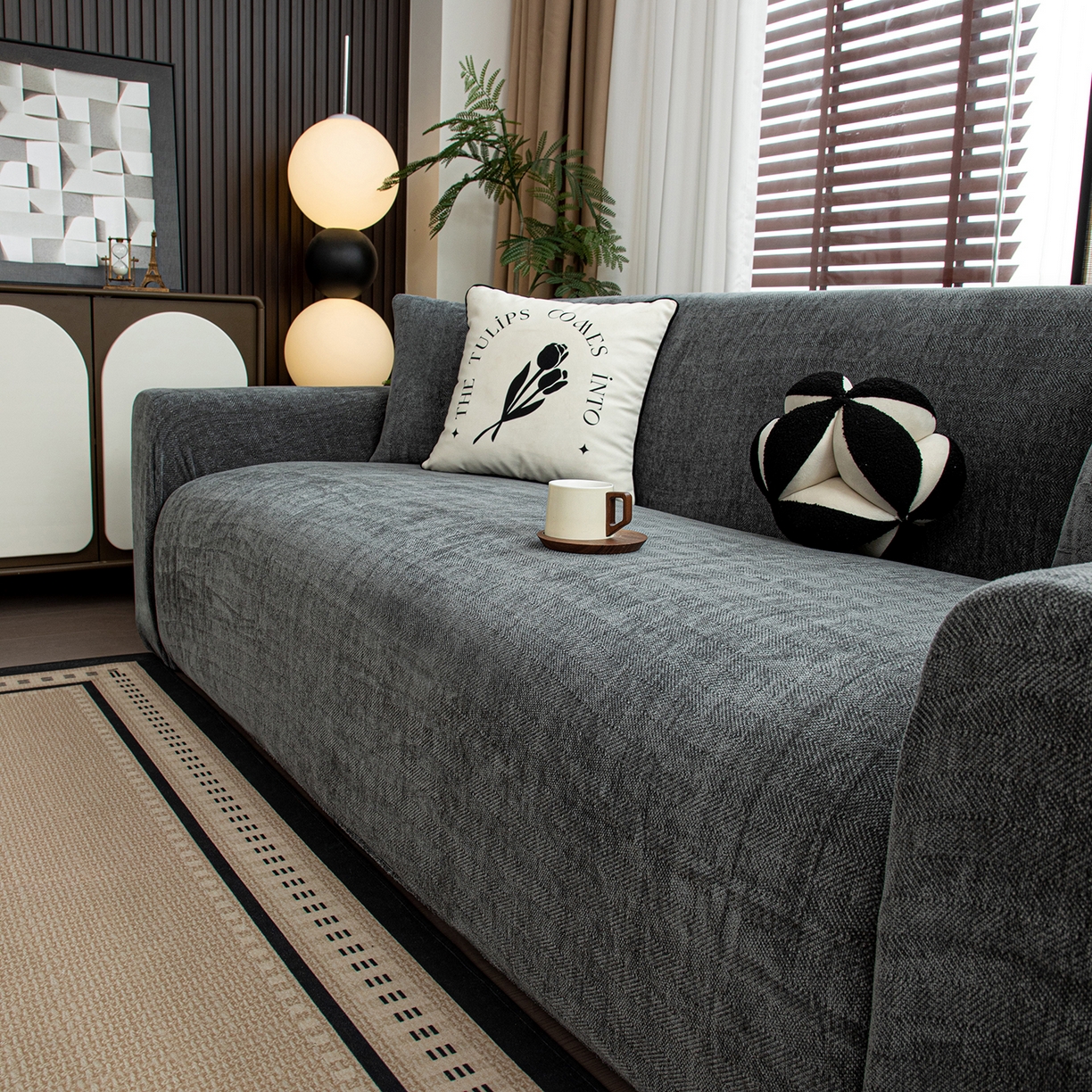 91家纺网 家纺一手货源 找家纺 沐沐家纺 2026新款南笙沙发套 深灰