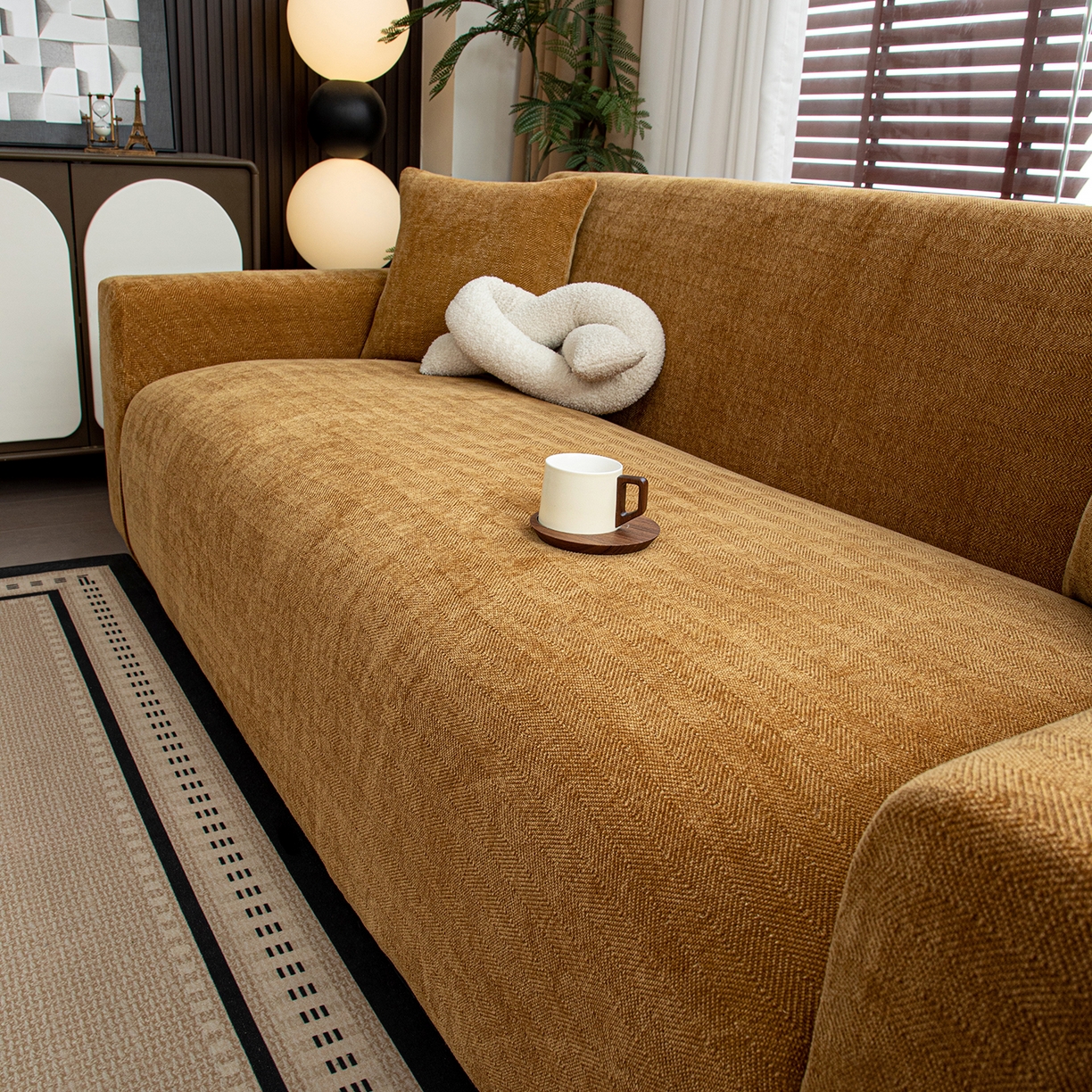 91家纺网 家纺一手货源 找家纺 沐沐家纺 2026新款南笙沙发套 咖色