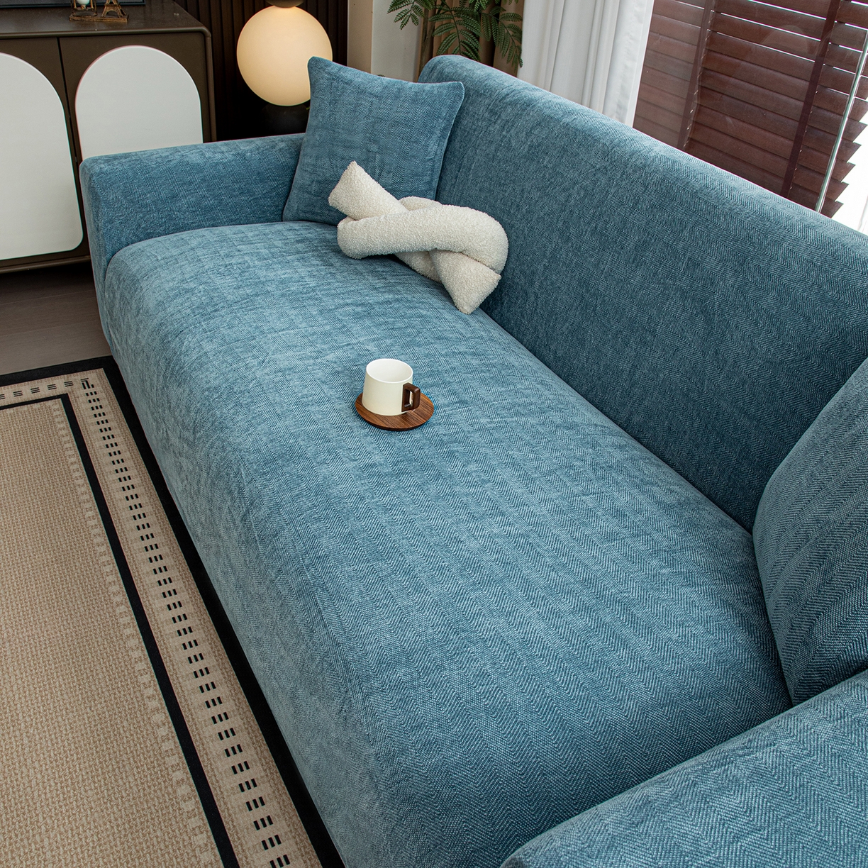 91家纺网 家纺一手货源 找家纺 沐沐家纺 2026新款南笙沙发套 蓝色