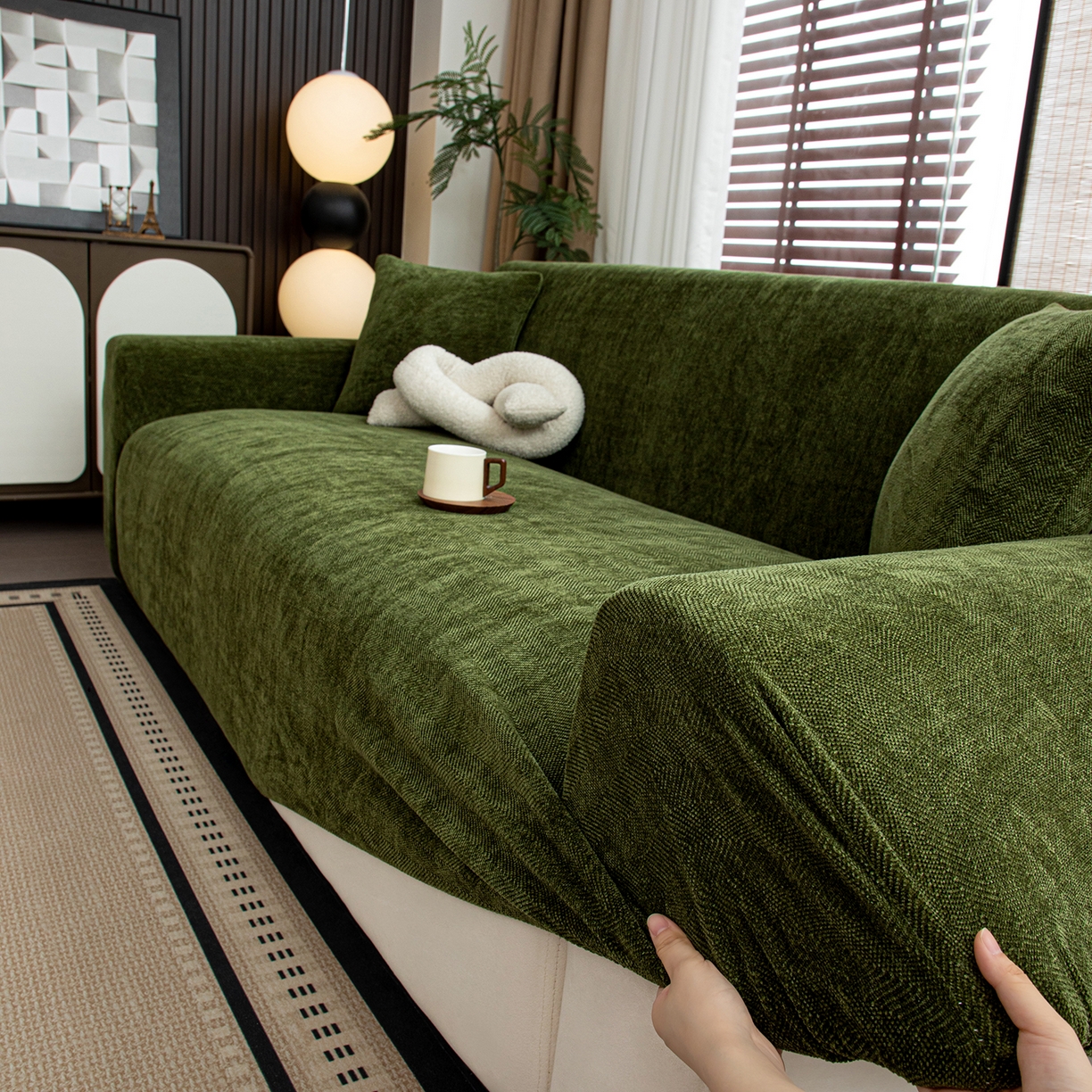 91家纺网 家纺一手货源 找家纺 沐沐家纺 2026新款南笙沙发套 抹茶