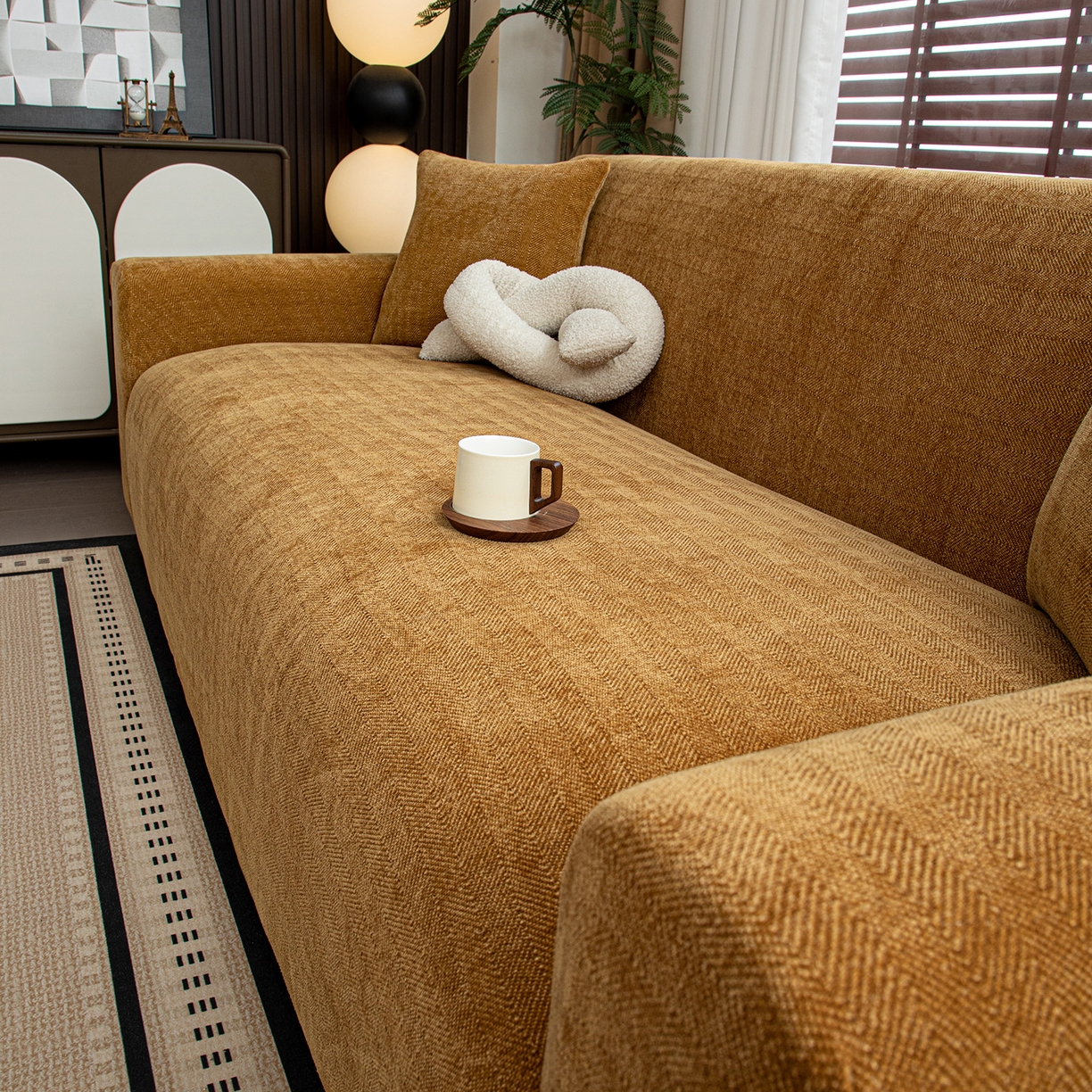 91家纺网 家纺一手货源 找家纺 沐沐家纺 2026新款南笙沙发套 咖色