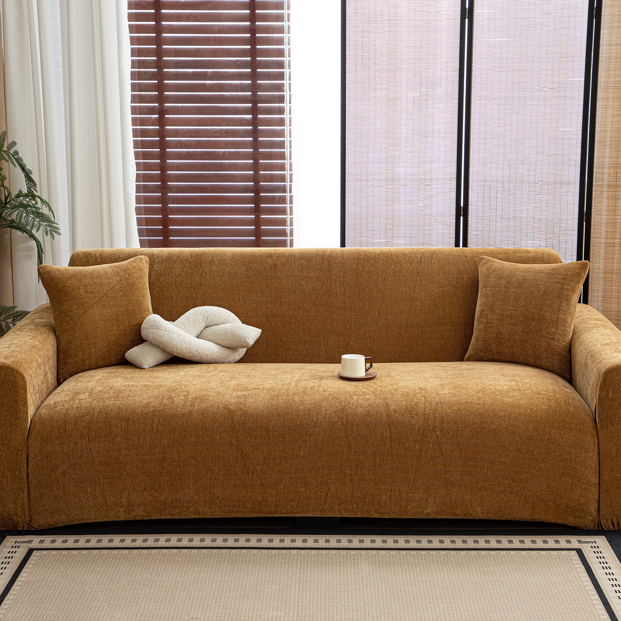 91家纺网 家纺一手货源 找家纺 沐沐家纺 2026新款南笙沙发套 咖色