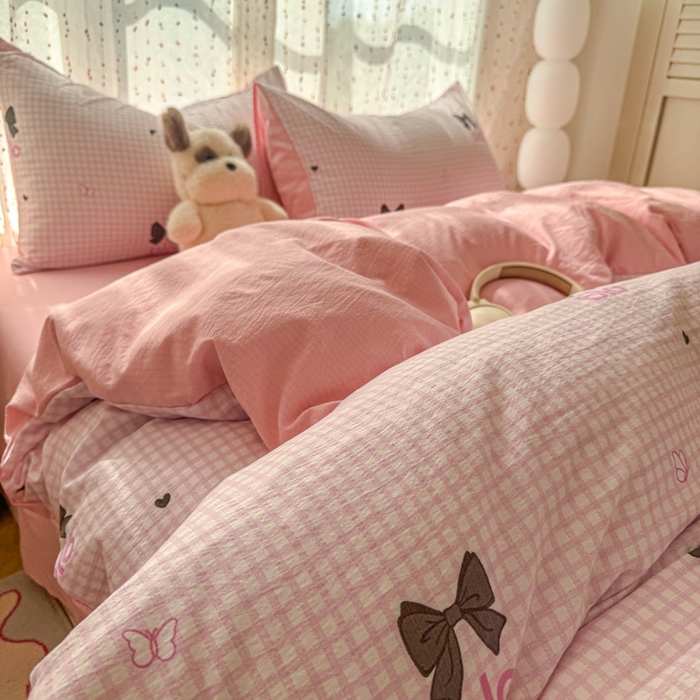 91家纺网 家纺一手货源 找家纺 艾特你 2025新款云感双层纱卡通萌趣四件套 遇见-少女日记