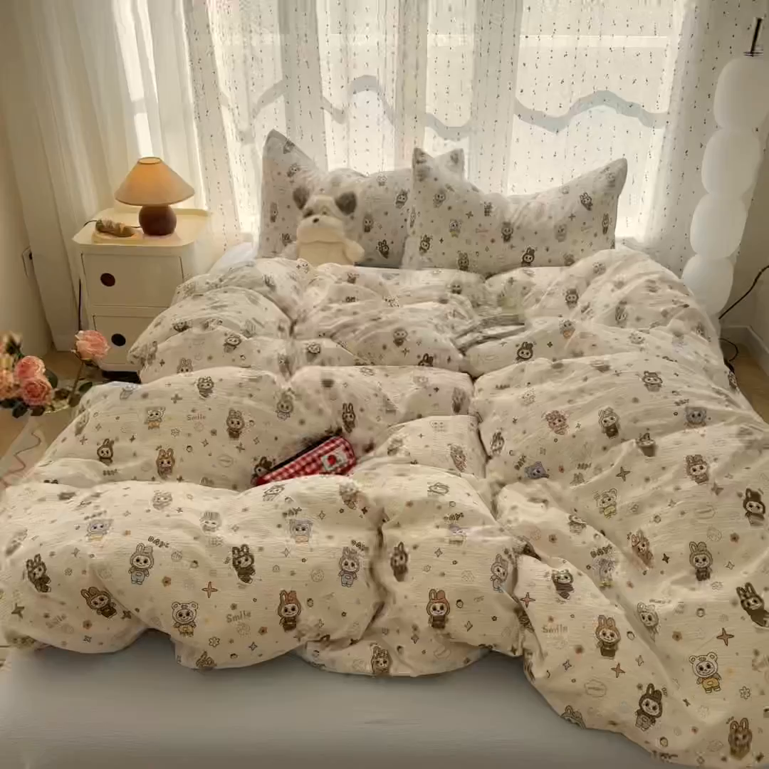 91家纺网 家纺一手货源 找家纺 （总）艾特你 2025新款云感双层纱卡通萌趣四件套宿舍三件套木棉柔感
