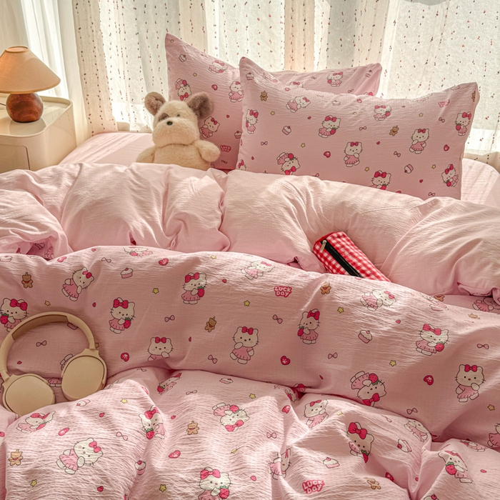 91家纺网 家纺一手货源 找家纺 艾特你 2025新款云感双层纱卡通萌趣四件套 遇见-喵喵酱