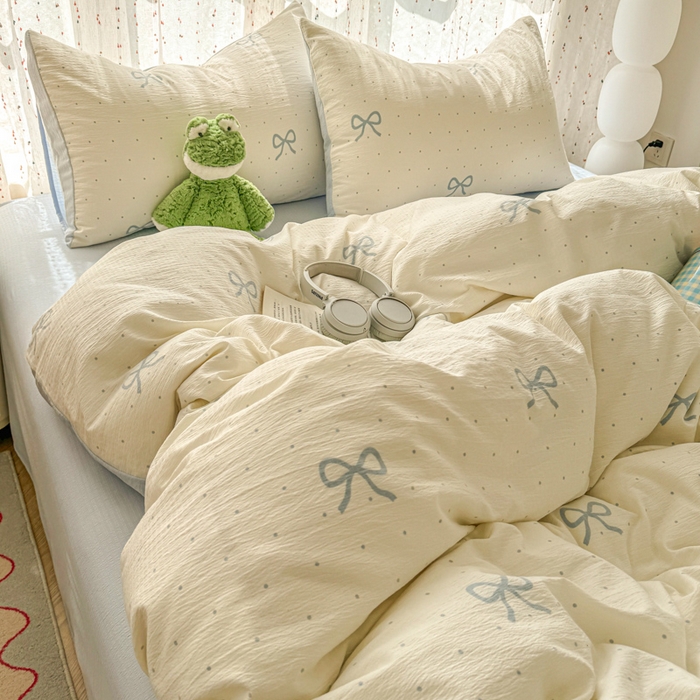 91家纺网 家纺一手货源 找家纺 艾特你 2025新款云感双层纱卡通萌趣四件套 遇见-薄荷奶盖