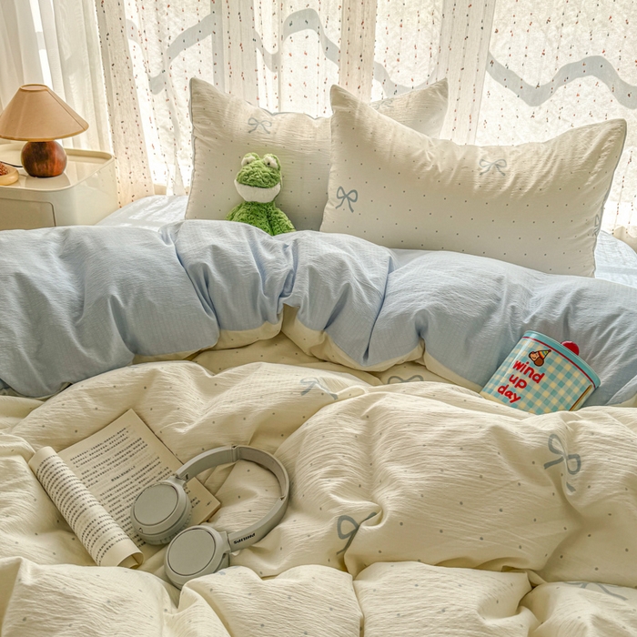 91家纺网 家纺一手货源 找家纺 艾特你 2025新款云感双层纱卡通萌趣四件套 遇见-薄荷奶盖