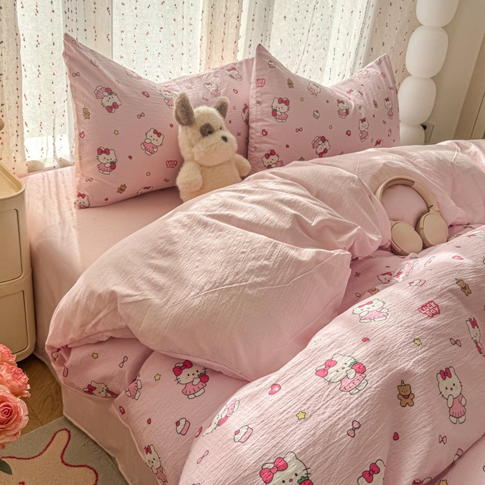 91家纺网 家纺一手货源 找家纺 艾特你 2025新款云感双层纱卡通萌趣四件套 遇见-喵喵酱