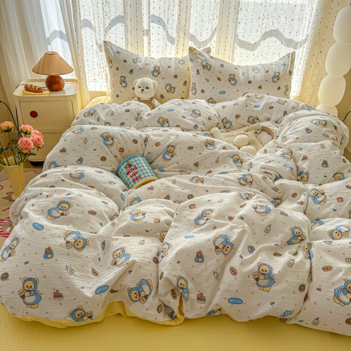 91家纺网 家纺一手货源 找家纺 艾特你 2025新款云感双层纱卡通萌趣四件套 遇见-甜点小熊