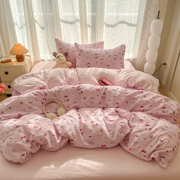 91家纺网 家纺一手货源 找家纺 艾特你 2025新款云感双层纱卡通萌趣四件套 遇见-喵喵酱