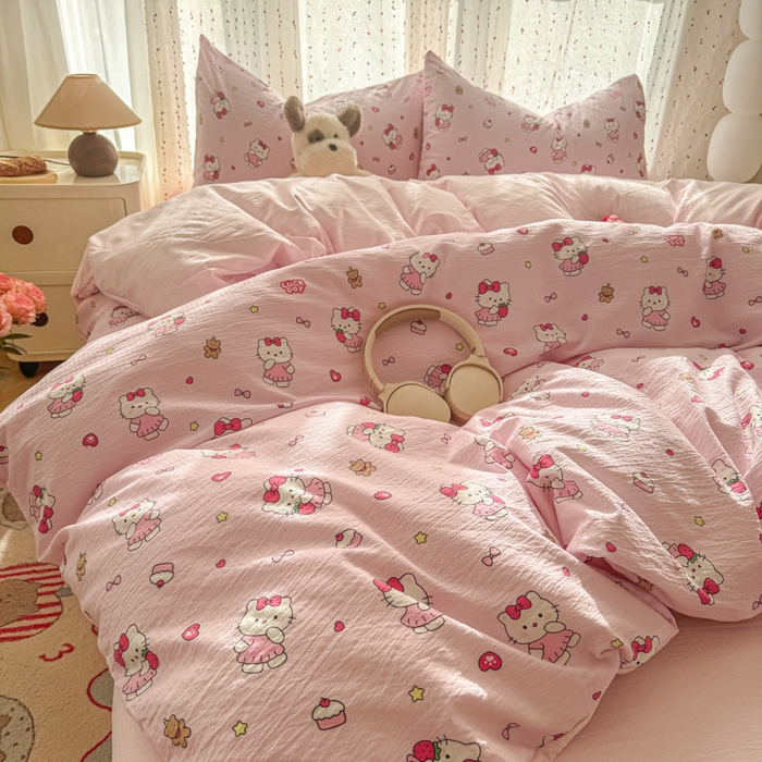 91家纺网 家纺一手货源 找家纺 艾特你 2025新款云感双层纱卡通萌趣四件套 遇见-喵喵酱