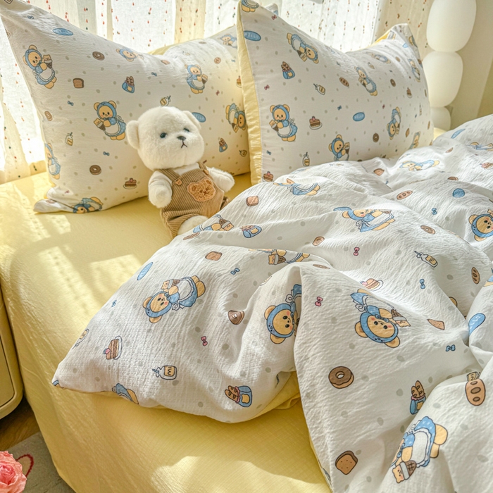 91家纺网 家纺一手货源 找家纺 艾特你 2025新款云感双层纱卡通萌趣四件套 遇见-甜点小熊