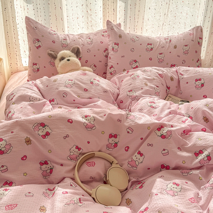 91家纺网 家纺一手货源 找家纺 艾特你 2025新款云感双层纱卡通萌趣四件套 遇见-喵喵酱