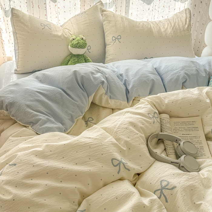 91家纺网 家纺一手货源 找家纺 艾特你 2025新款云感双层纱卡通萌趣四件套 遇见-薄荷奶盖