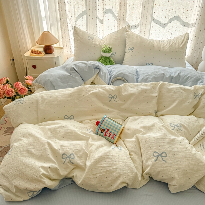 91家纺网 家纺一手货源 找家纺 艾特你 2025新款云感双层纱卡通萌趣四件套 遇见-薄荷奶盖