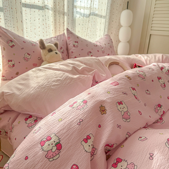 91家纺网 家纺一手货源 找家纺 艾特你 2025新款云感双层纱卡通萌趣四件套 遇见-喵喵酱