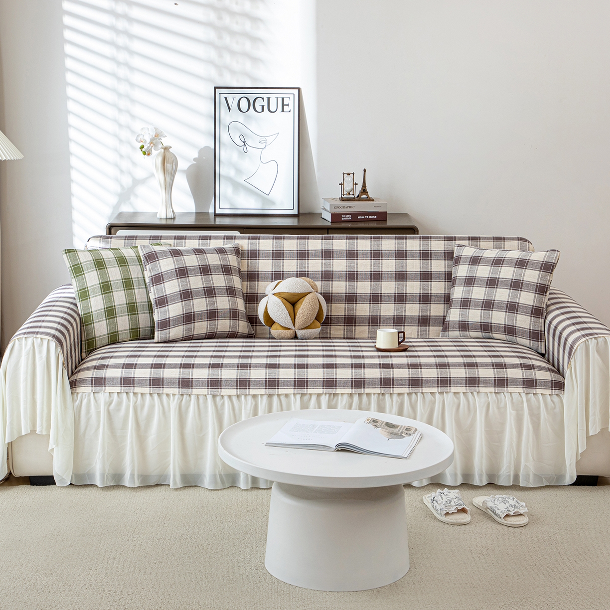 91家纺网 家纺一手货源 找家纺 沐沐家纺 2026新款棋格裙边沙发巾 灰棋格