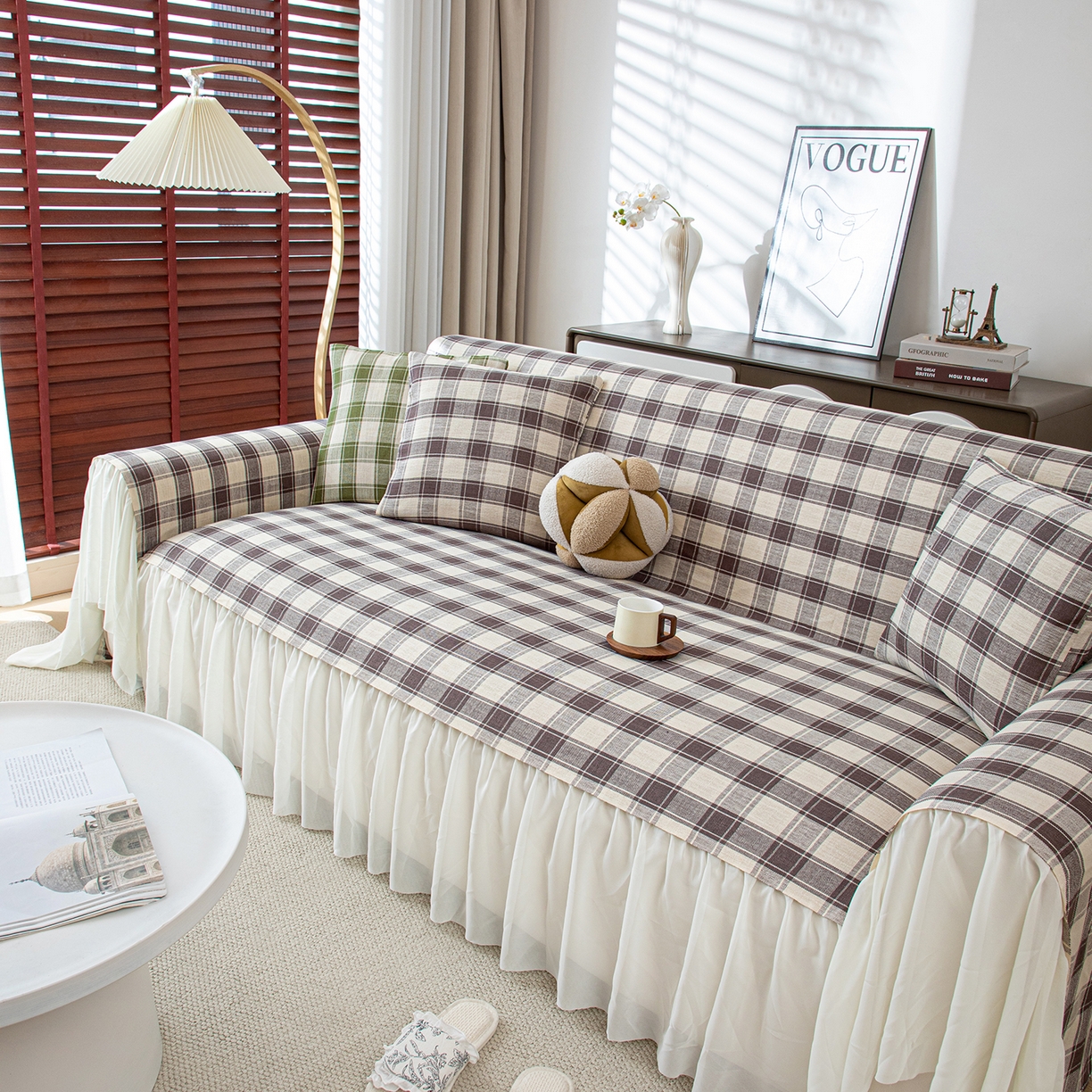 91家纺网 家纺一手货源 找家纺 沐沐家纺 2026新款棋格裙边沙发巾 灰棋格