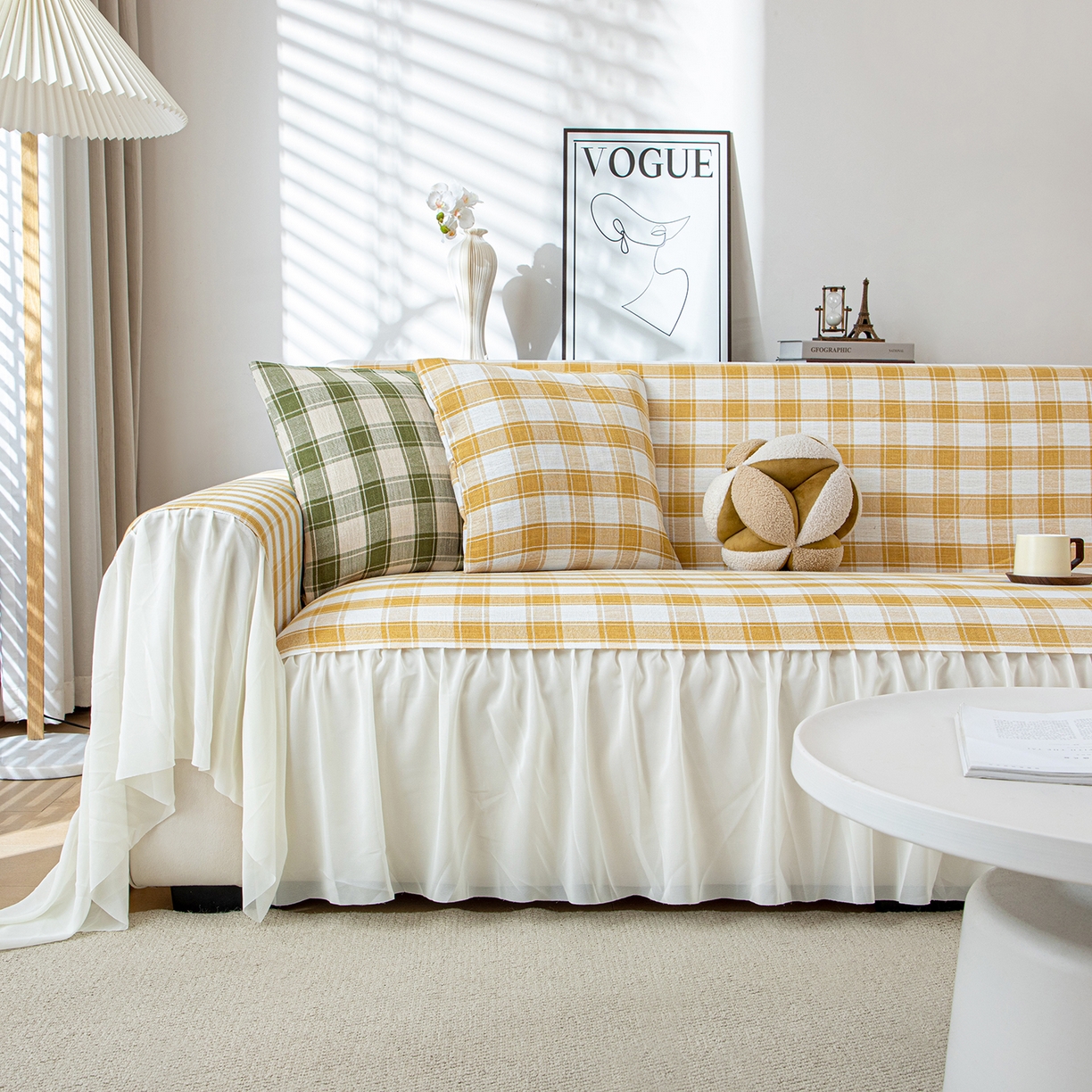 91家纺网 家纺一手货源 找家纺 沐沐家纺 2026新款棋格裙边沙发巾 黄棋格