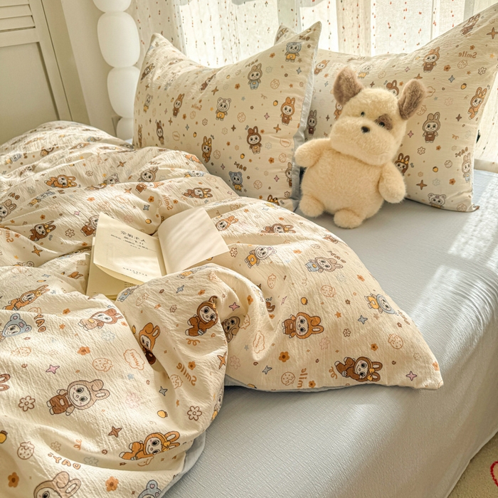 91家纺网 家纺一手货源 找家纺 （总）艾特你 2025新款云感双层纱卡通萌趣四件套宿舍三件套木棉柔感