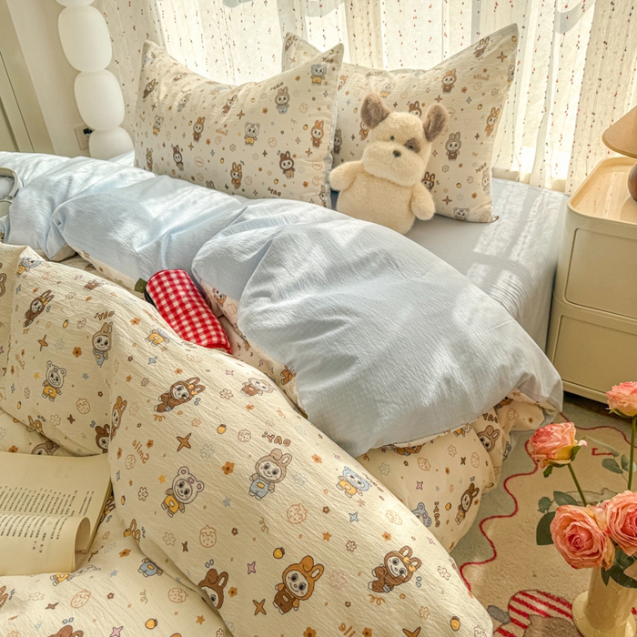 91家纺网 家纺一手货源 找家纺 （总）艾特你 2025新款云感双层纱卡通萌趣四件套宿舍三件套木棉柔感