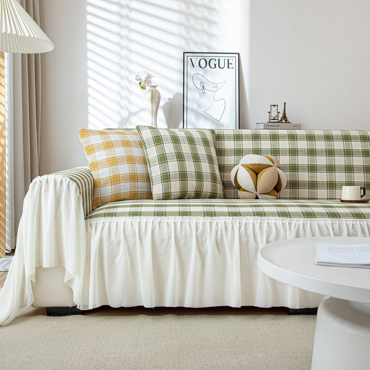 91家纺网 家纺一手货源 找家纺 沐沐家纺 2026新款棋格裙边沙发巾 绿棋格